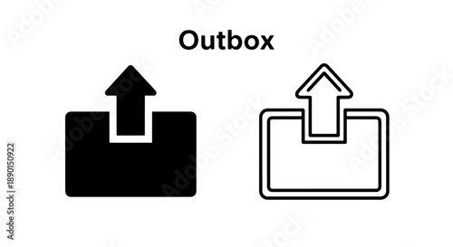 Outbox icon set with upload arrow, solid black and outline for sending
