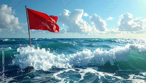 Waving red flag on a choppy ocean with whitecaps under a bright, cloud-strewn sky with sunlight on horizon