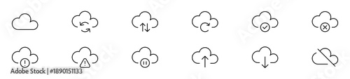 Minimal cloud computing line icons set with upload, download, sync, refresh, check, error, security and warning symbols. editable stroke line icon