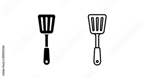 Modern Slotted Spatula Icons: Black and White Kitchen Tools for Culinary Apps