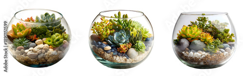 Three mini glass terrariums with succulents and pebbles isolated on a white or transparent background