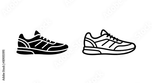 Dynamic athletic sneakers icon, black silhouette and outline with decorative stripes vector
