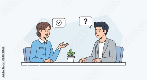 Two men discussing with confused and checked marks