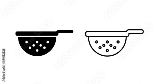 Kitchen Strainer Icon Set: Solid and Outline Colander Symbols with Handle for Cooking