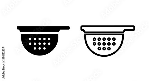 Modern Colander Icon Set: Black Solid and Outline Kitchen Sieve with Side Handles