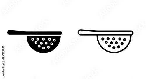 Food Strainer Icon Set: Black Solid and Outline Colander with Long Handle for Kitchen