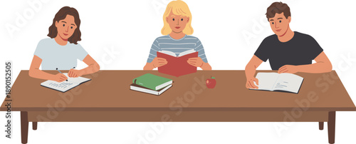 Vector illustration of diverse students sitting at a long table studying with books and writing notes