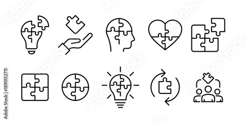 Puzzle line icon set with solution, creativity, teamwork, psychology and problem solving symbols and lightbulb, heart, brain, puzzle pieces icons for UI design. stroke line icon collection