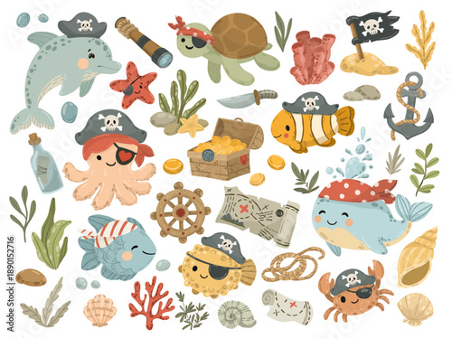 Cute pirate sea animals and nautical elements vector collection