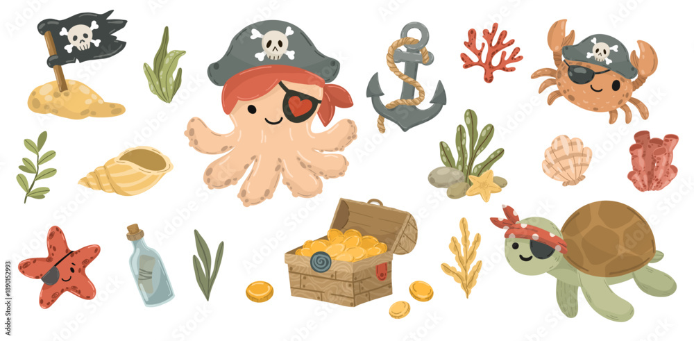 Obraz premium Adventure-themed clipart with a treasure chest full of gold, pirate flag ship wheel, anchor with rope, and ancient maps. High-quality vector icons for game design, posters, and educational materials