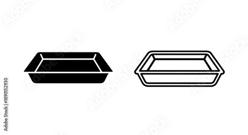 Empty rectangular tray solid and outline vector icons for food service and kitchenware design