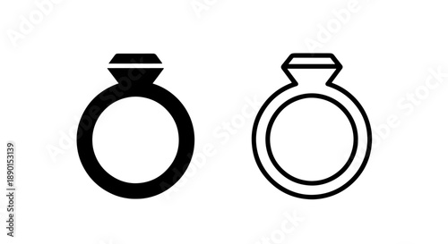 Elegant Diamond Engagement Ring Icon Set: Wedding and Jewelry Symbol in Solid and Outline Style