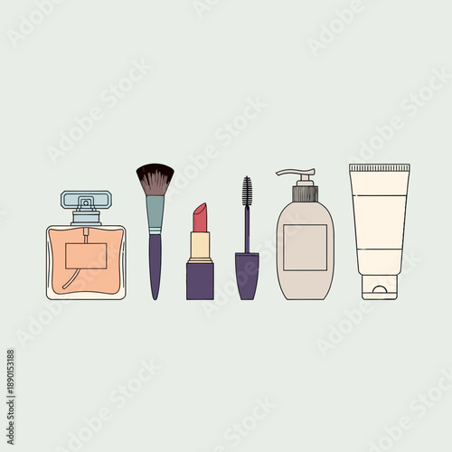 A collection of elegant cosmetic products including perfume, makeup brush, lipstick, mascara, lotion dispenser, and cream tube