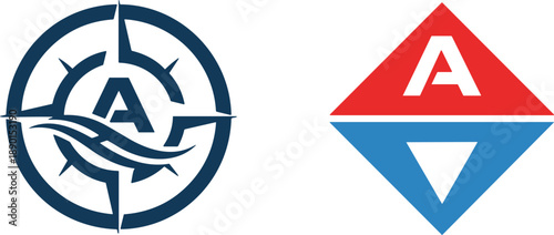 Letter A logo designs set with compass emblem and geometric badge shapes modern branding vector illustration symbols