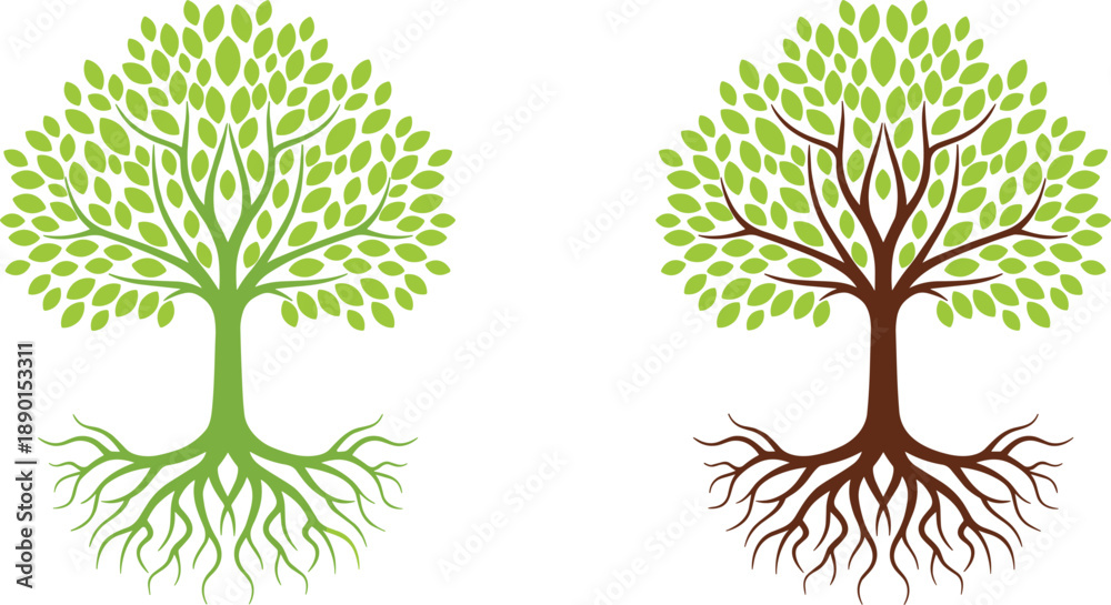 Fototapeta premium Green tree illustrations with visible roots and leafy canopy isolated nature growth ecology concept vector design set