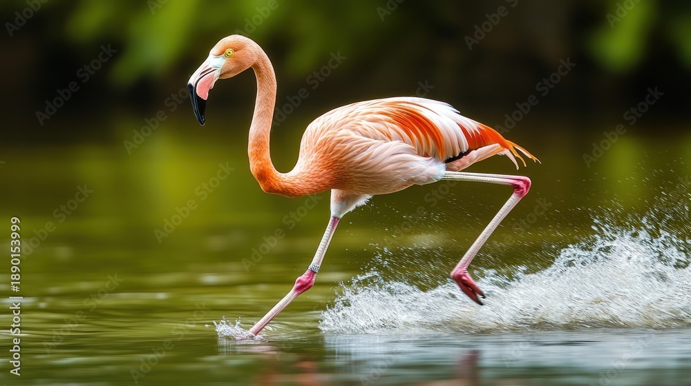 Fototapeta premium Pink flamingo walking through water