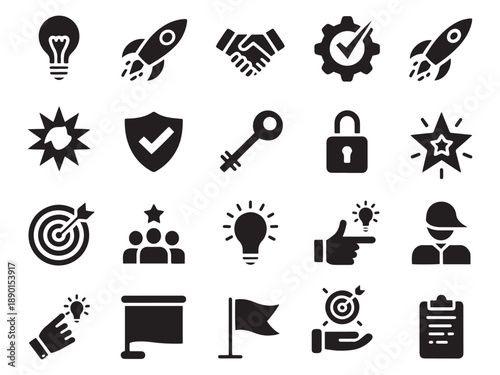 Collection of 20 glyph style icons for business technology innovation and success concepts