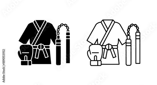 Martial Arts Ensemble Icon with Kimono, Boxing Glove, and Nunchaku for Combat Sports