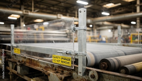Wallpaper Mural Midrange shot of retrofitted safety guard clamped over conveyor belt part blurred industrial interior emphasizing recent safety improvements. Torontodigital.ca