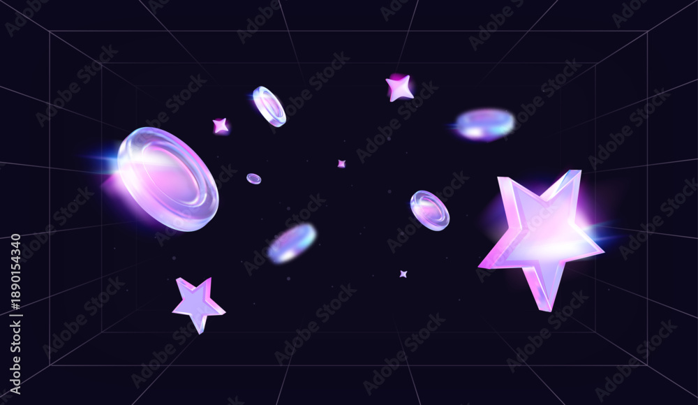 Naklejka premium Holographic glowing coins and stars on retro perspective grid background. Vector illustration concept of bonuses, rewards, cashback, games and loyalty programs