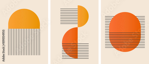 Minimal abstract geometric poster set with warm orange gradient shapes with textured and modern line patterns for wall art decor.
