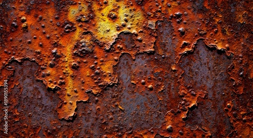 Close-up texture of rusted metal surface with peeling paint and corrosion, abstract background