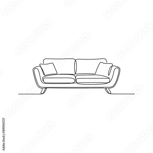 Modern sofa with cushions and armrests in a single line drawing style