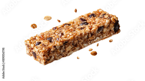 crunchy oat granola bar with nuts and dried fruit  floating crumbs high protein snack food isolated on white background