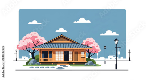 Japanese-inspired wooden house with tiled roof and rock garden, modern flat vector illustration showing peaceful residential architecture and traditional Asian home design