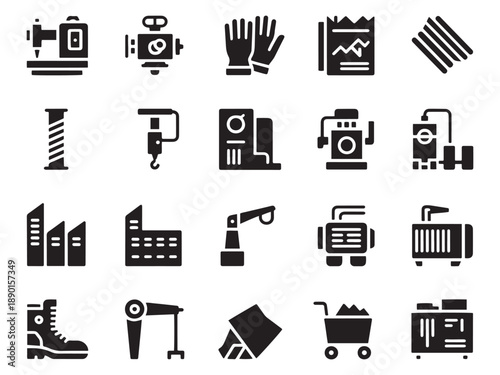 Collection of industrial icons featuring machinery construction and safety equipment glyphs