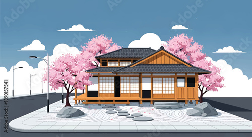 Japanese-inspired wooden house with tiled roof and rock garden, modern flat vector illustration showing peaceful residential architecture and traditional Asian home design