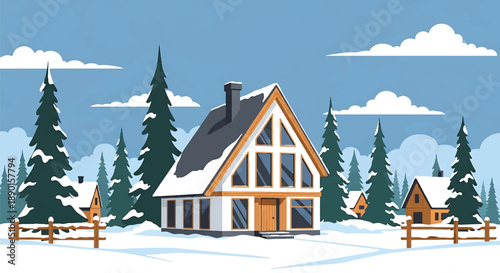 Scandinavian-style house in a snowy village with pine trees, modern flat vector illustration highlighting Nordic residential architecture and winter lifestyle