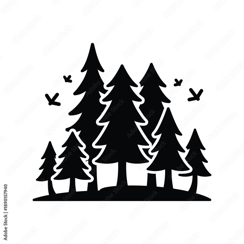 Fototapeta premium Forest silhouette featuring pine trees and flying birds