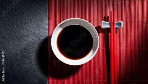 Red Chopsticks On White Bowl Of Soy Sauce Against Split Background Of Red Bamboo Mat And Black Slate Minimalist Japanese Dining Setup With Dramatic Shadows
