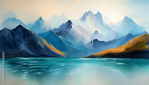 Abstract Mountain Landscape Painting With Water