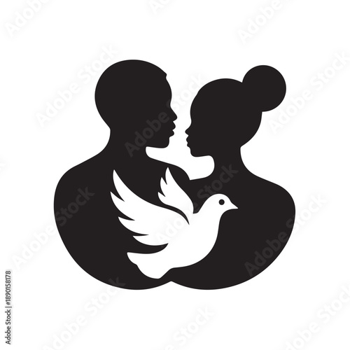 Black couple silhouette with white dove peace symbol representing harmony and love between man and woman standing against transparent background for unity and hope illustration art