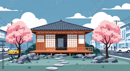 Japanese-inspired wooden house with tiled roof and rock garden, modern flat vector illustration showing peaceful residential architecture and traditional Asian home design