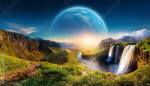 A Beautiful Landscape With A Large Planet In The Sky And A Waterfall