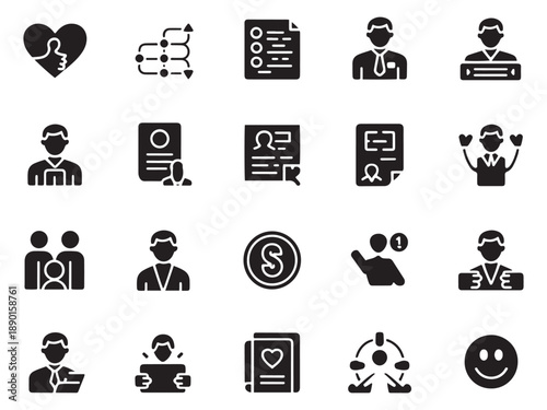 Collection of glyph style icons representing people business and emotions modern design elements