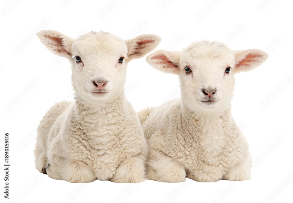 Fototapeta premium Two white baby lambs with pink ears sitting side by side, isolated on a transparent background
