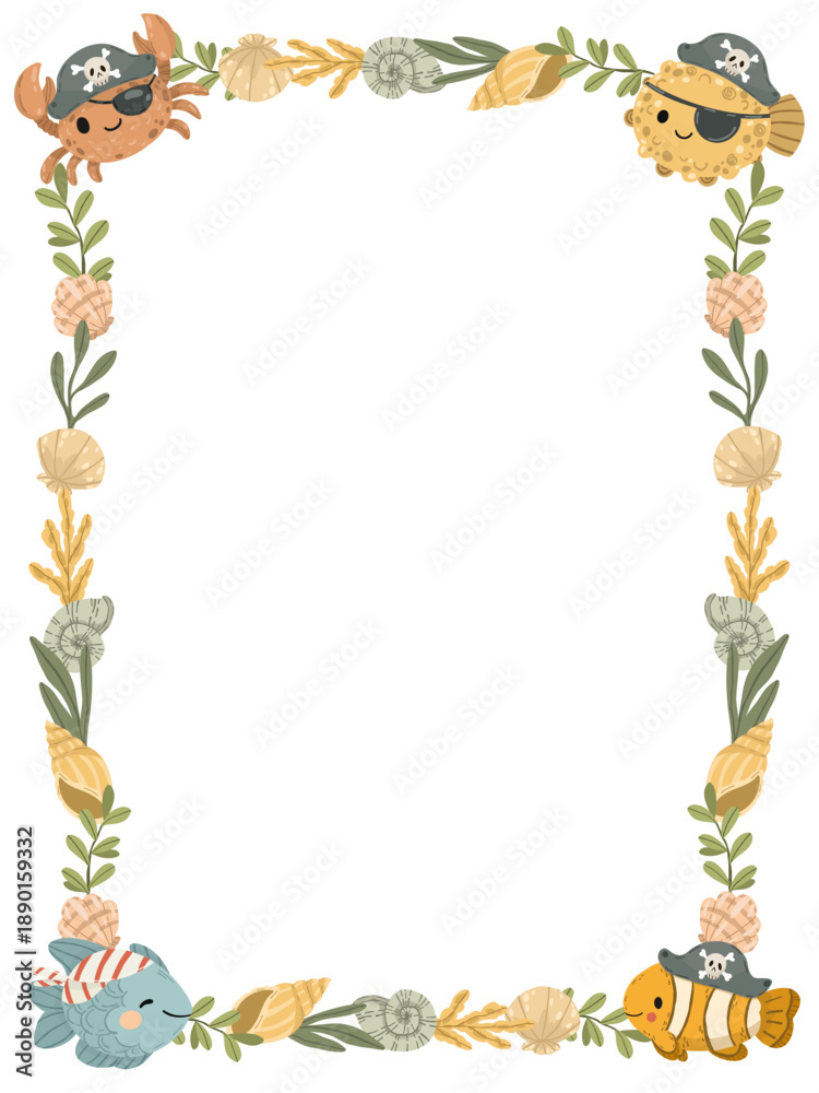 Fototapeta premium Adventure-themed decorative frame with a treasure chest full of gold coins, a pirate flag, an anchor, and a map. Isolated vector illustration for game design or party decor.