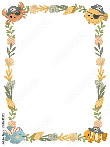 Adventure-themed decorative frame with a treasure chest full of gold coins, a pirate flag, an anchor, and a map. Isolated vector illustration for game design or party decor.