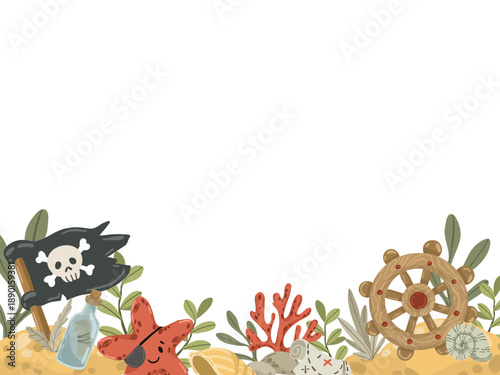 Collection of small pre-made pirate scenes with an octopus, dolphin, crab, and treasure chests. Decorative vignettes for creating unique layouts, labels, and children's prints.