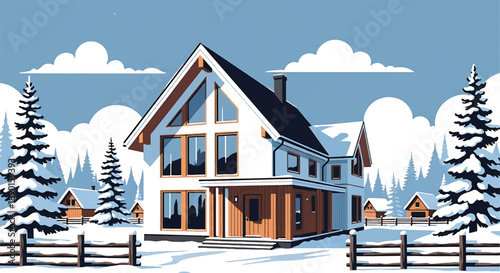 Scandinavian-style house in a snowy village with pine trees, modern flat vector illustration highlighting Nordic residential architecture and winter lifestyle