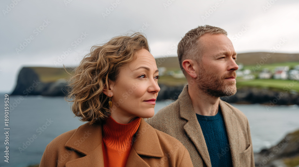 Obraz premium Couple standing ocean coast looking horizon peaceful moment together. Man woman contemplating sea landscape autumn coats. Travel mindfulness gratitude awareness nature lifestyle vacation concept.