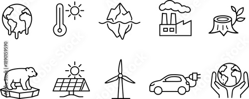 Environmental crisis icons: melting earth, rising temperatures, melting icebergs, pollution, deforestation, polar bear on ice, solar panel, wind turbine, electric car, hands holding planet