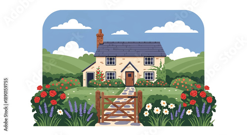 British countryside cottage with garden and stone path, modern flat vector illustration showing classic rural residential architecture and peaceful living