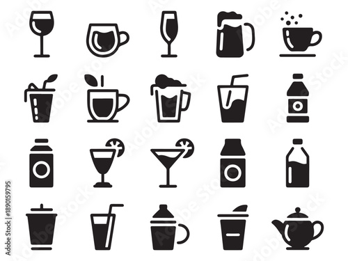 Collection of 20 glyph style beverage icons for diverse drinks and beverages