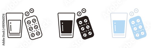 薬のアイコンセット。グラスと錠剤。薬局、ヘルスケア、飲み薬。Medicine icon set.