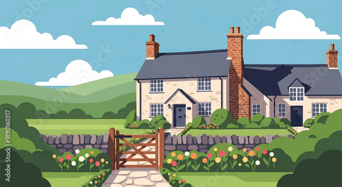 British countryside cottage with garden and stone path, modern flat vector illustration showing classic rural residential architecture and peaceful living